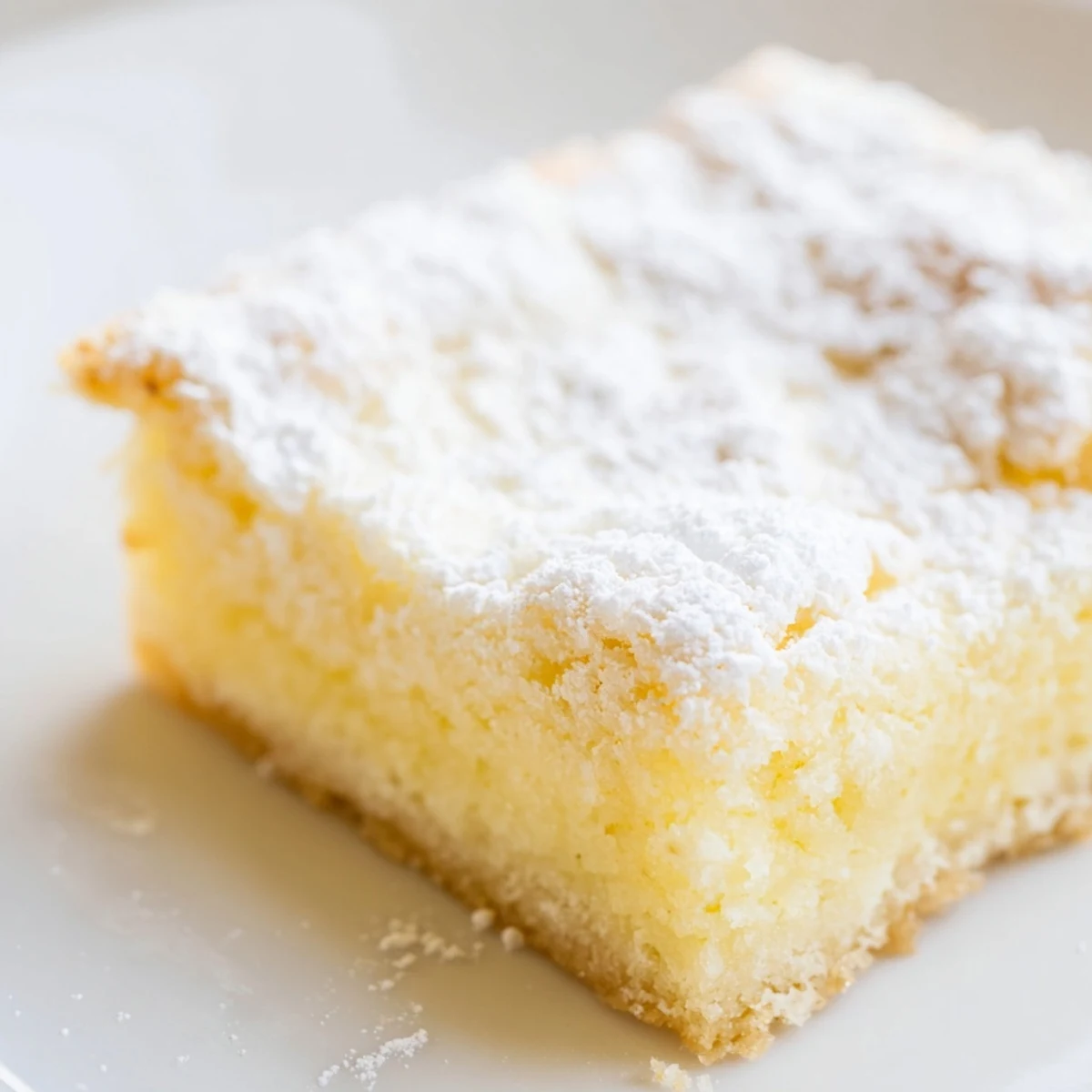 Golden lemon gooey butter cake squares dusted with powdered sugar on a rustic cutting board
