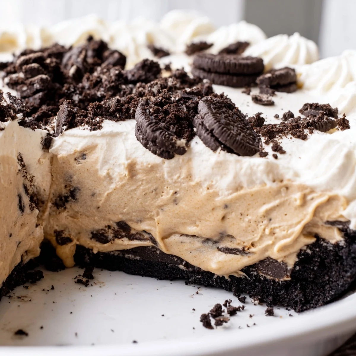 Creamy peanut butter Oreo pie with whipped topping and cookie crumbles in chocolate crust