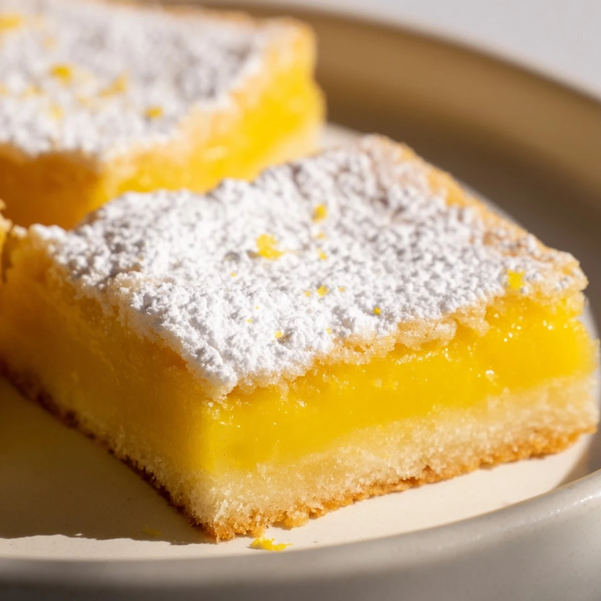 Golden lemon bars with powdered sugar dusting on a rustic cutting board