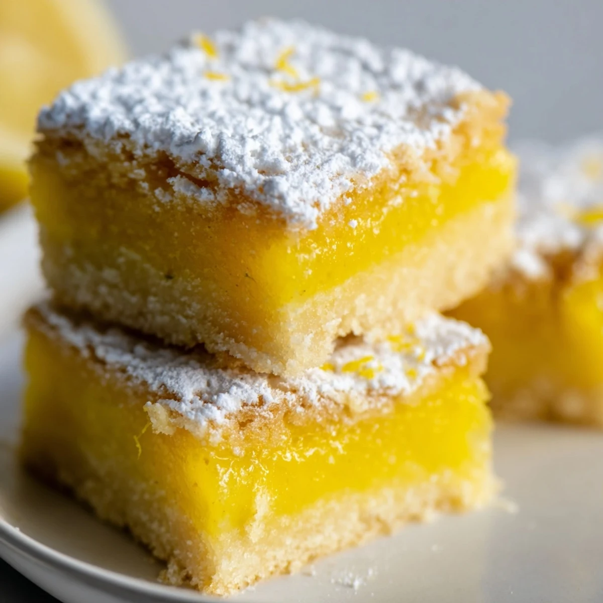 Freshly baked lemon bars sliced into neat squares and topped with powdered sugar