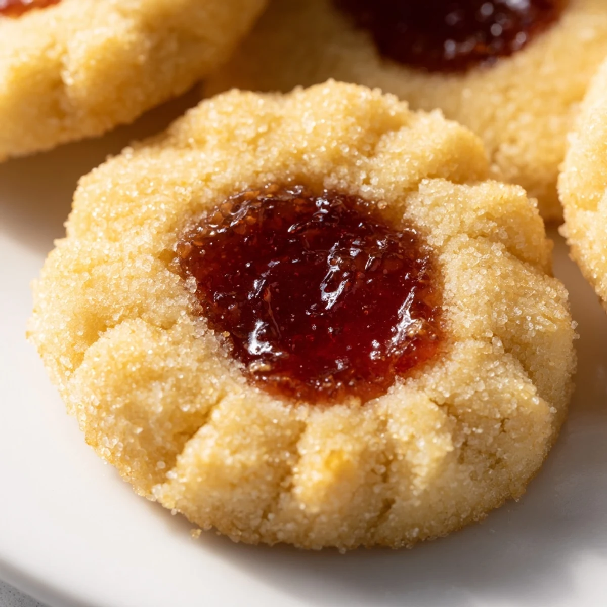 Golden Flower Jam Thumbprint Cookies with vibrant jewel-like jam centers on a rustic white plate