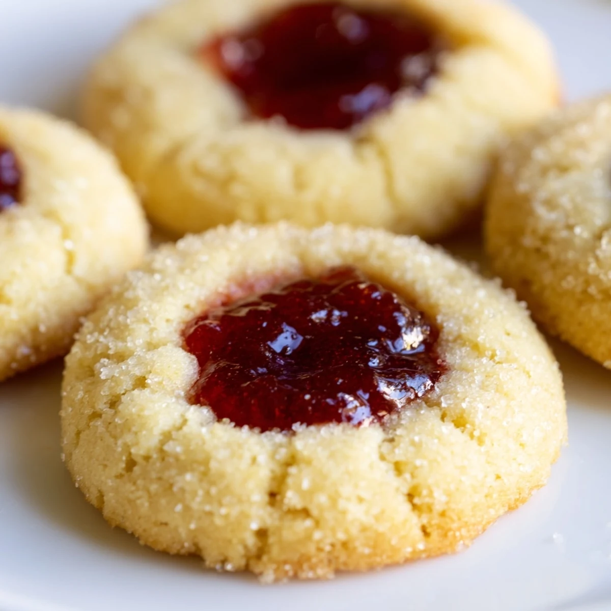 Buttery Flower Jam Thumbprint Cookies dusted with powdered sugar beside a steaming cup of tea
