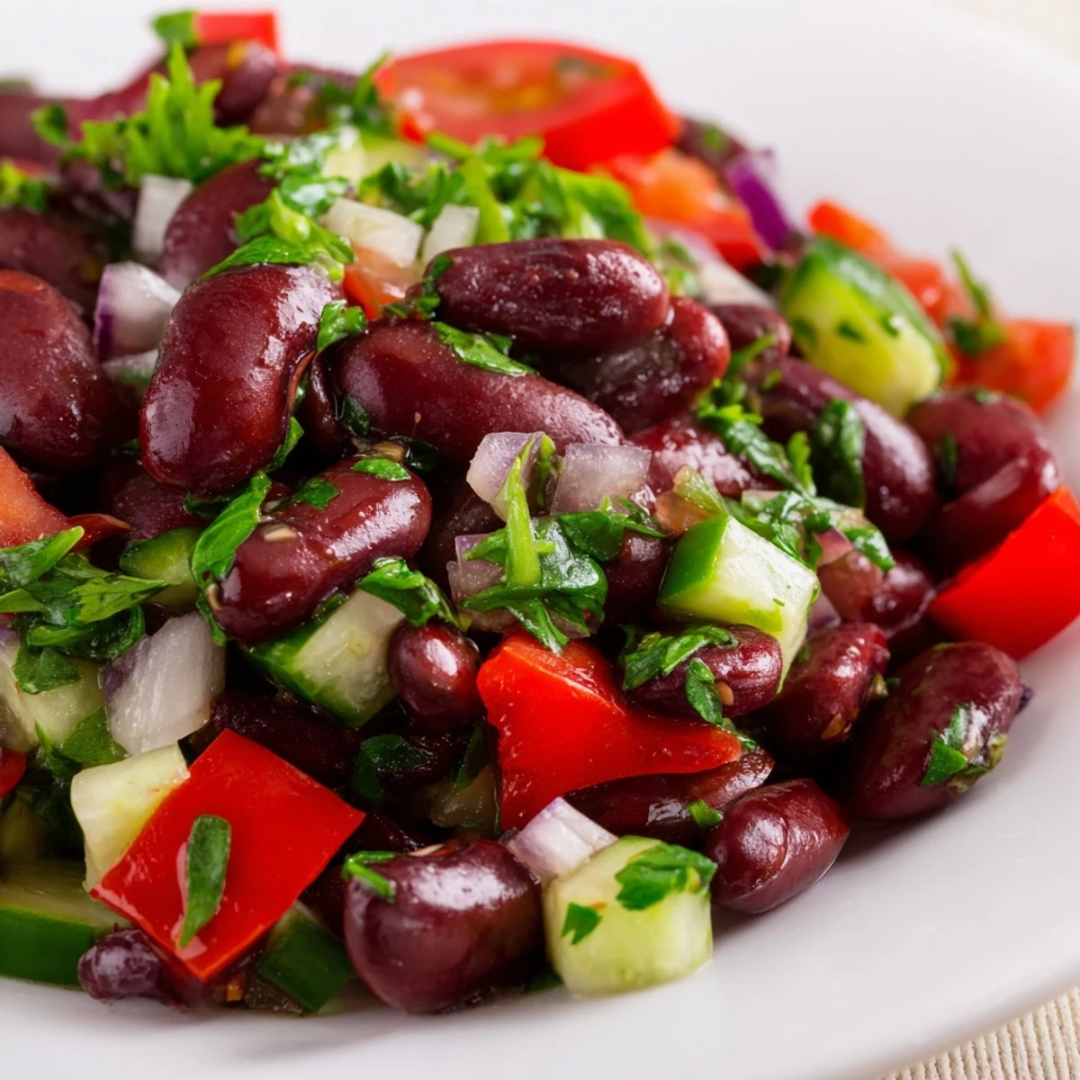 Kidney bean salad tossed with fresh vegetables and glossy red wine vinaigrette dressing