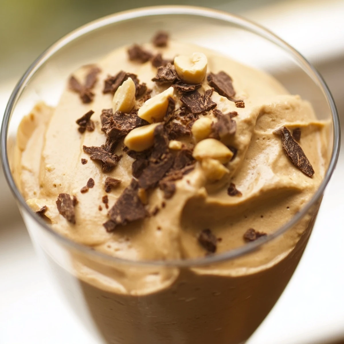 Creamy peanut butter and Cool Whip mousse served in glasses with chocolate shavings