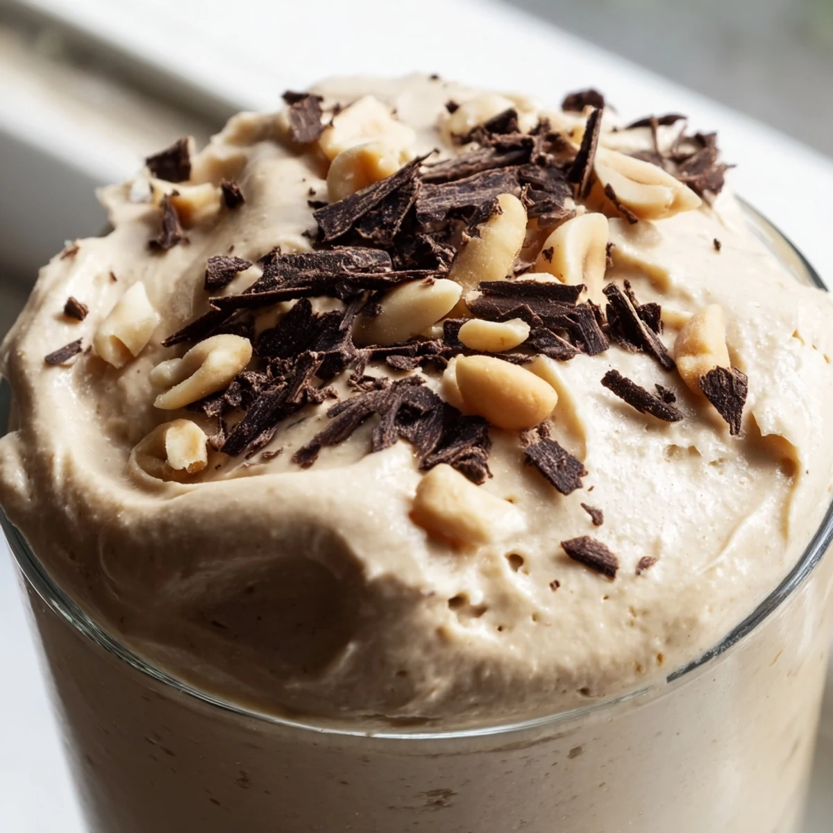 Fluffy no-bake peanut butter and Cool Whip mousse topped with chopped peanuts