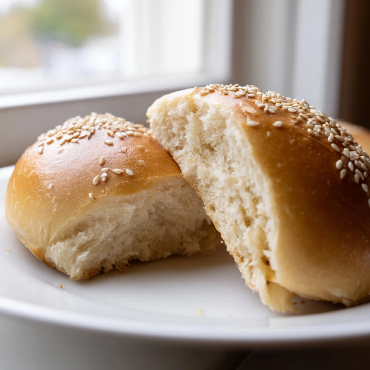 Golden sourdough discard hot dog buns fresh from the oven with sesame seed topping
