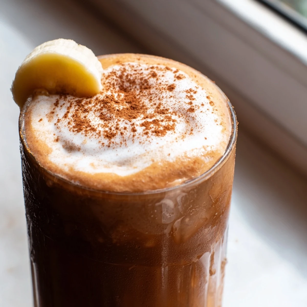 Creamy coffee smoothie topped with chocolate shavings served in a clear glass