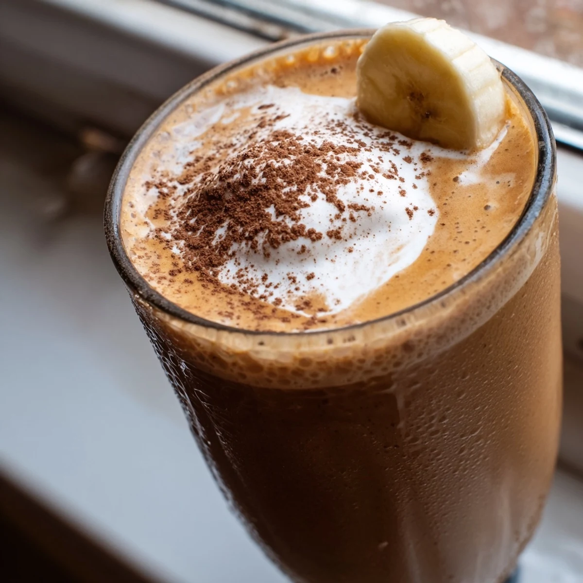 Frothy coffee smoothie blended with ripe banana and ice in mason jar