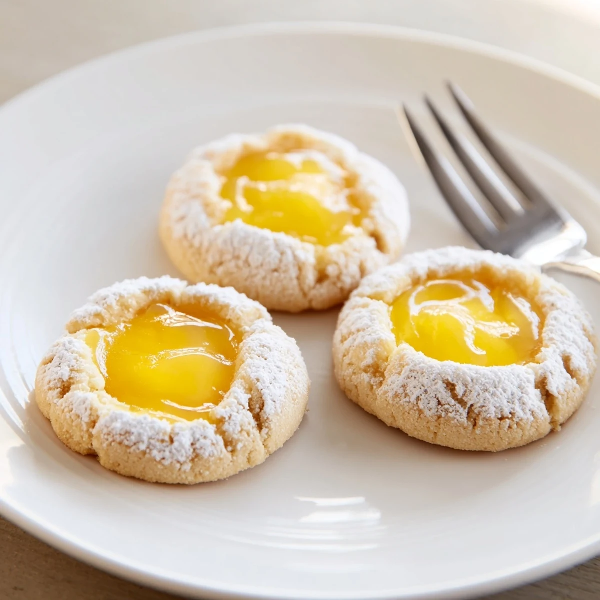 Golden lemon curd cookies with bright yellow filling on a rustic white plate