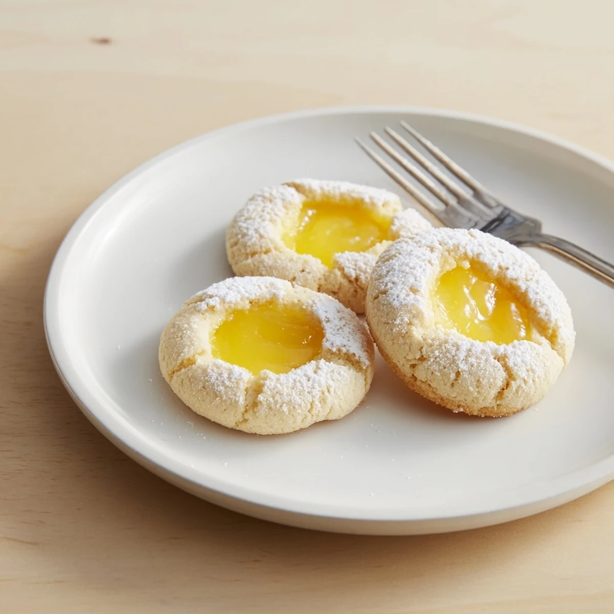 Buttery lemon curd cookies dusted with powdered sugar on a cooling rack
