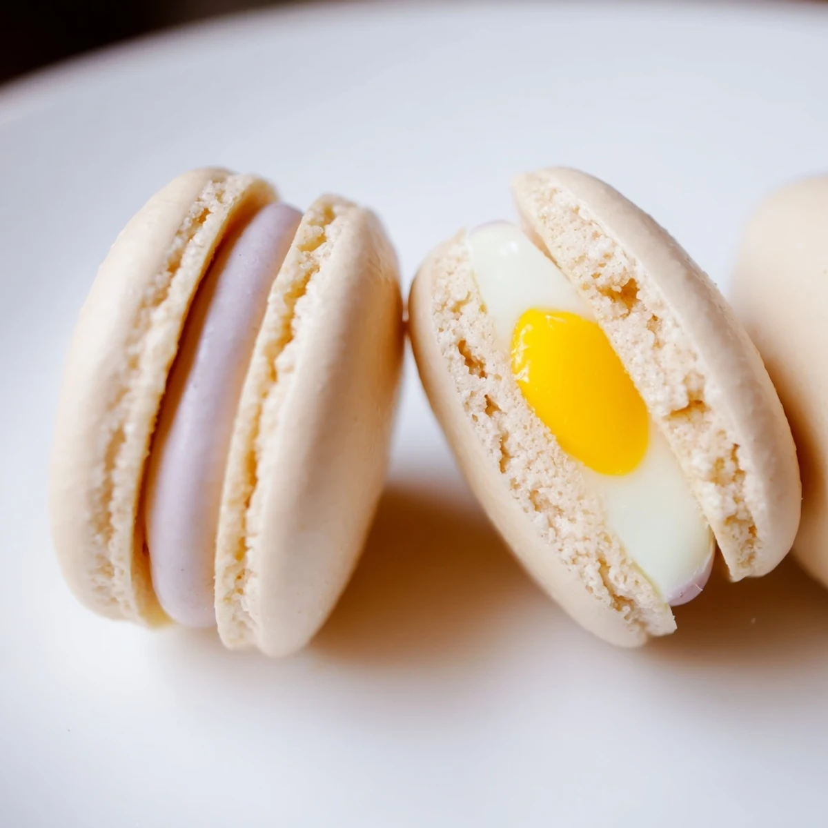 Creamy Cadbury Egg macarons with golden yolk centers arranged on a rustic serving board