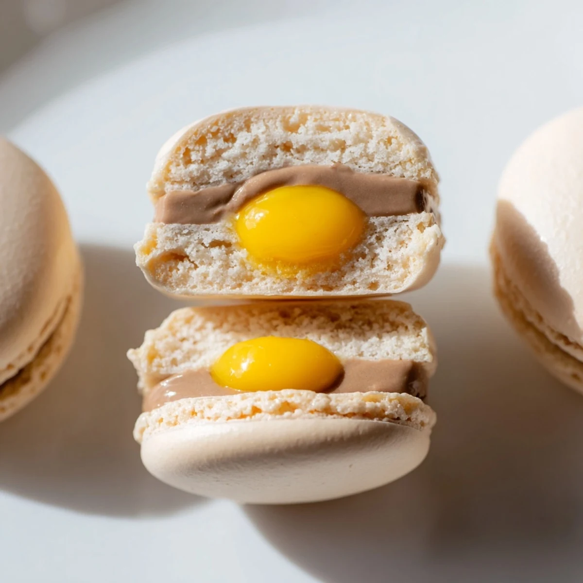 Delicate French Cadbury Egg macarons sandwiched with rich milk chocolate ganache filling