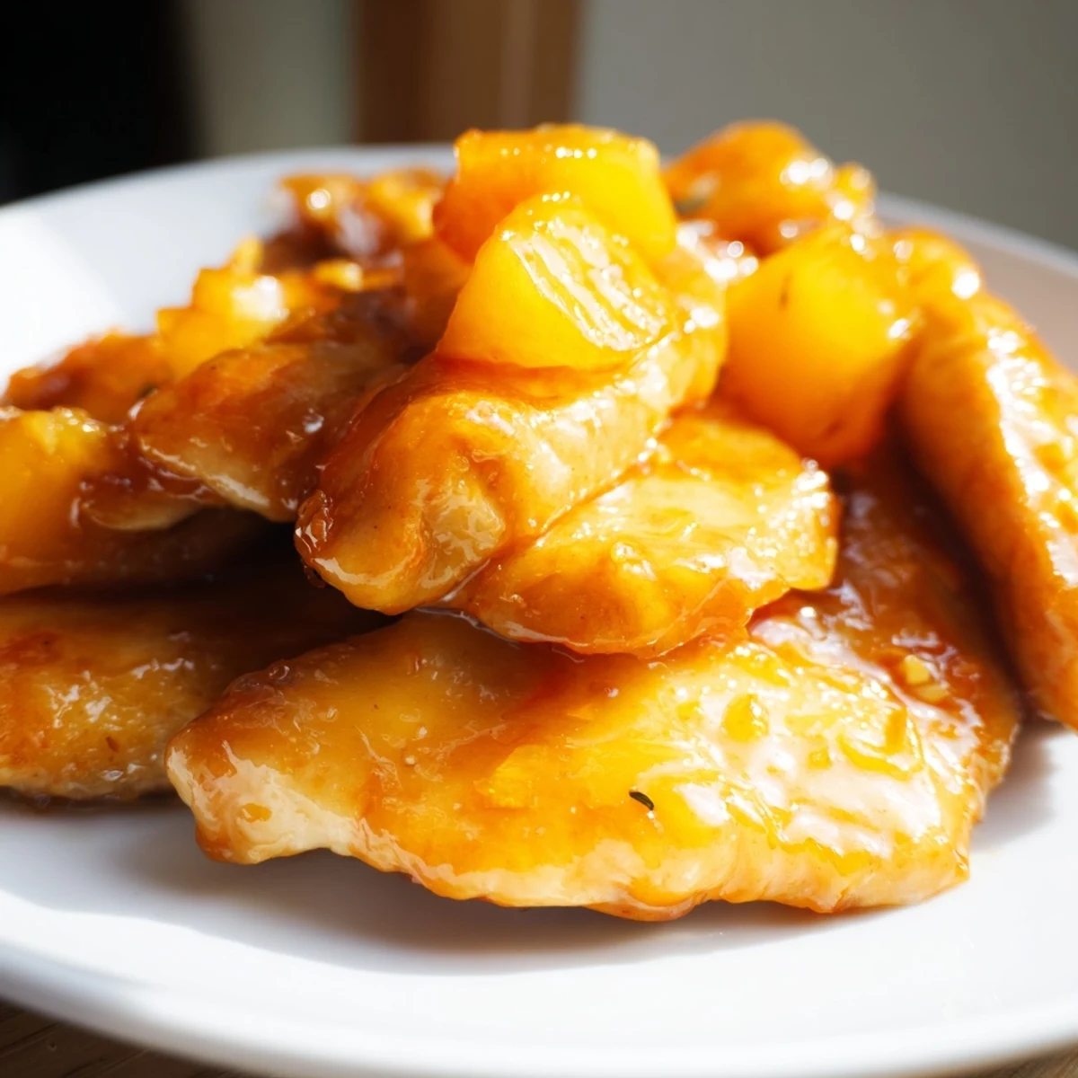 Golden seared Jalapeno Peach Chicken topped with glossy peach slices and cilantro