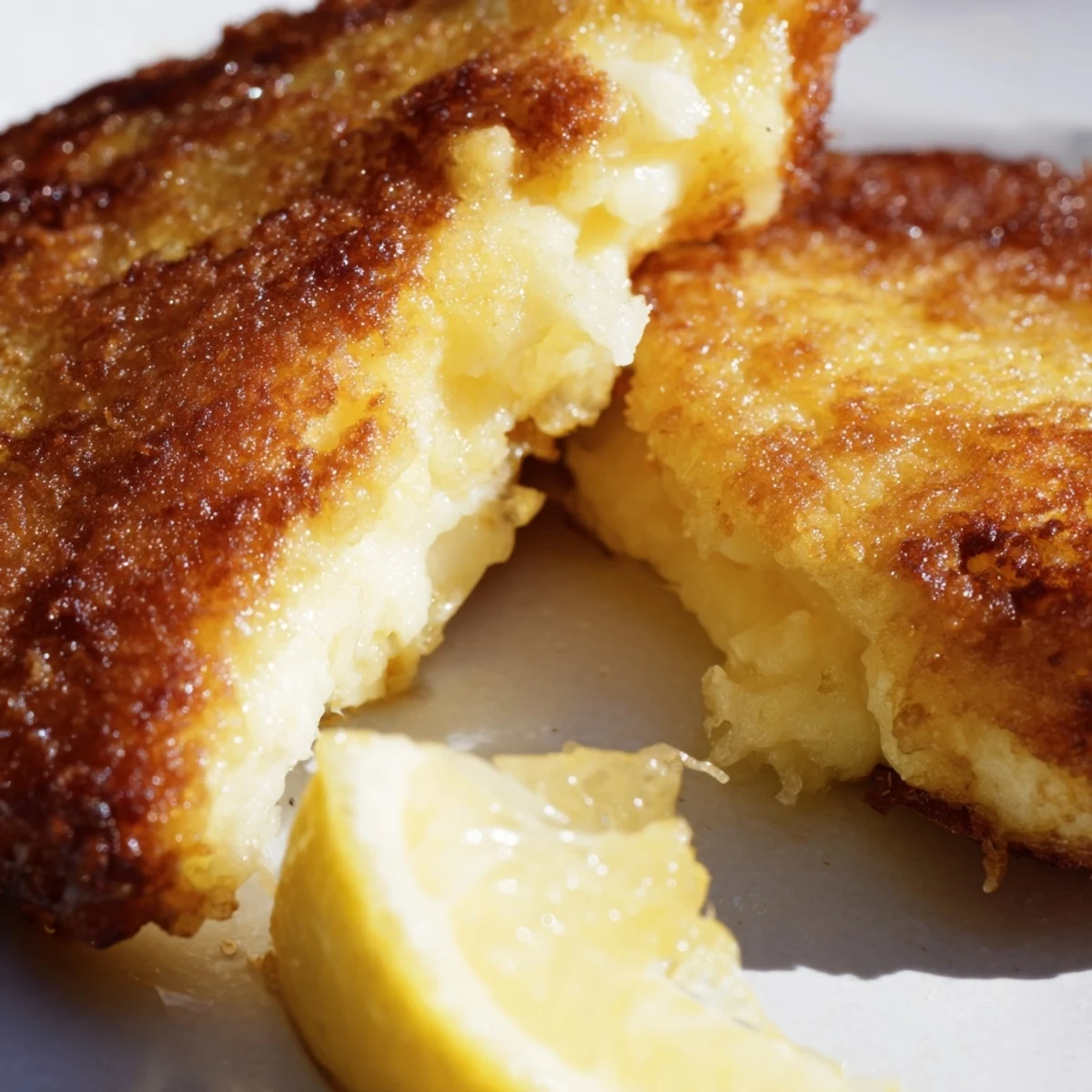 Golden crispy Greek fried cheese sizzling in pan with fresh lemon wedges nearby
