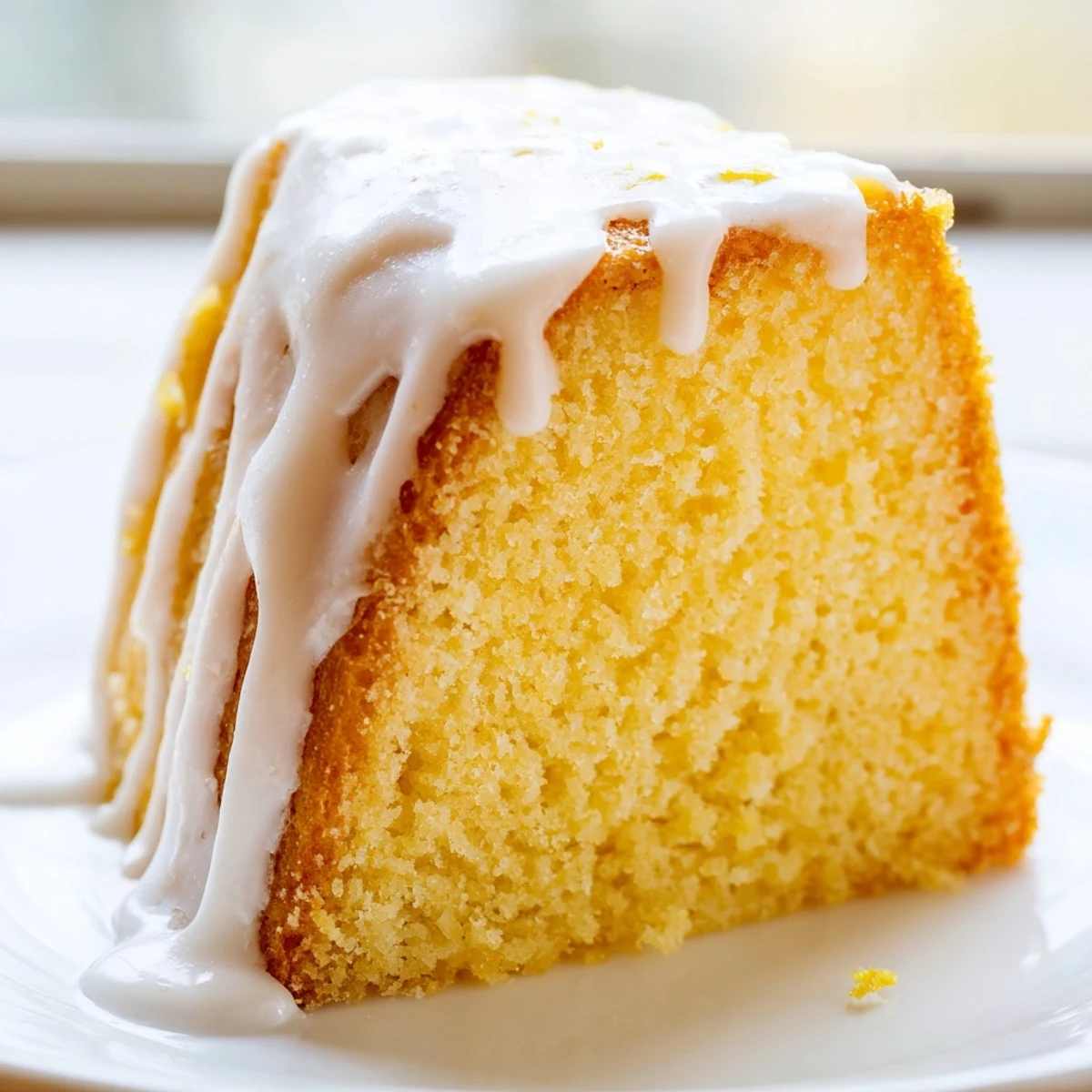 Golden church cake with vanilla glaze drizzled over a moist, tender sponge ready to slice