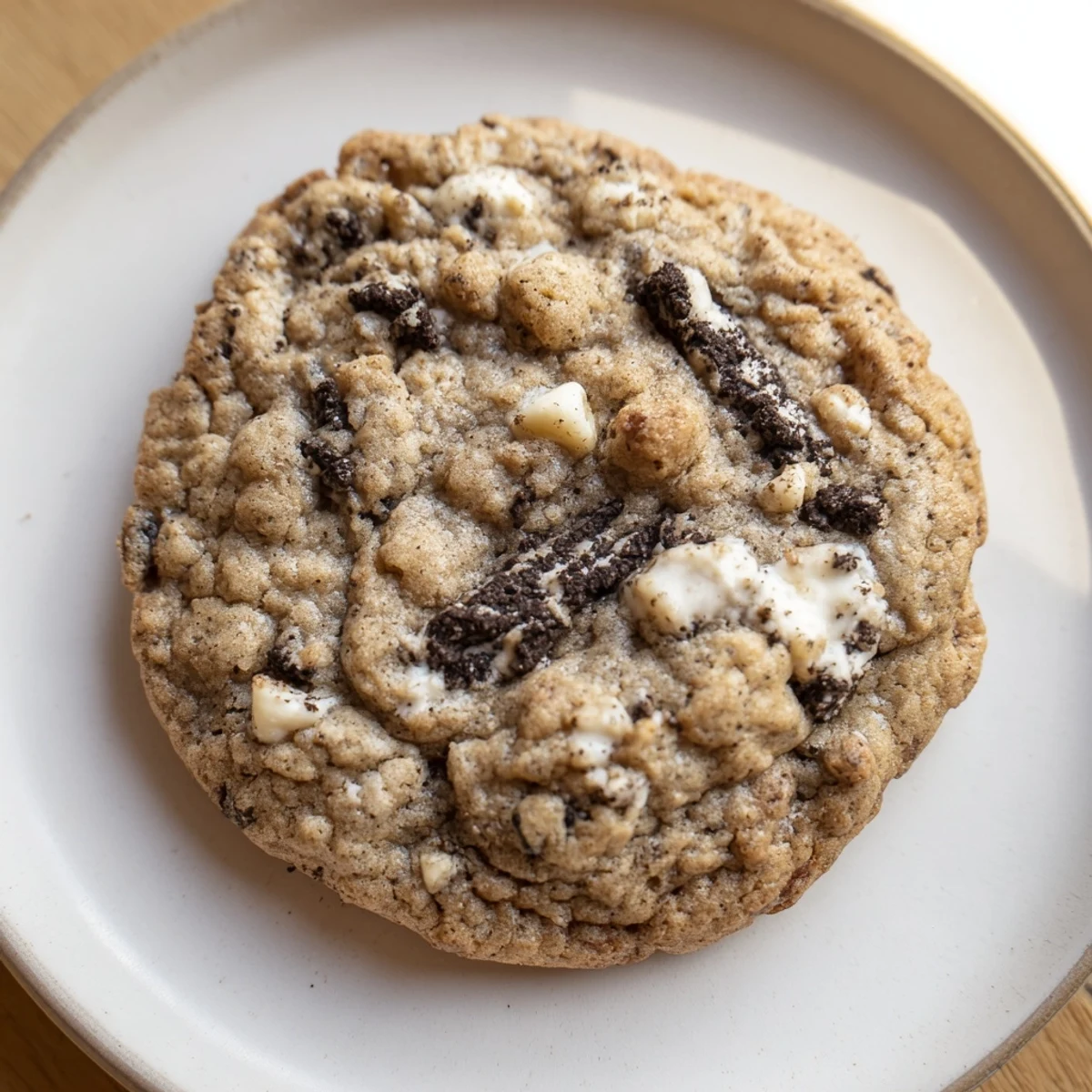 Chewy cookies and cream cookie with white chocolate chips and crushed Oreo pieces on rustic baking sheet