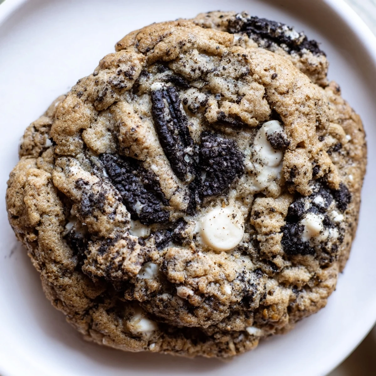 Freshly baked cookies and cream cookie showing golden edges and creamy white chocolate chip filling