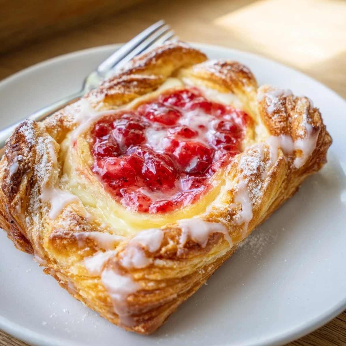 Golden Sourdough Discard Raspberry Cream Cheese Danishes drizzled with sweet vanilla glaze on white parchment