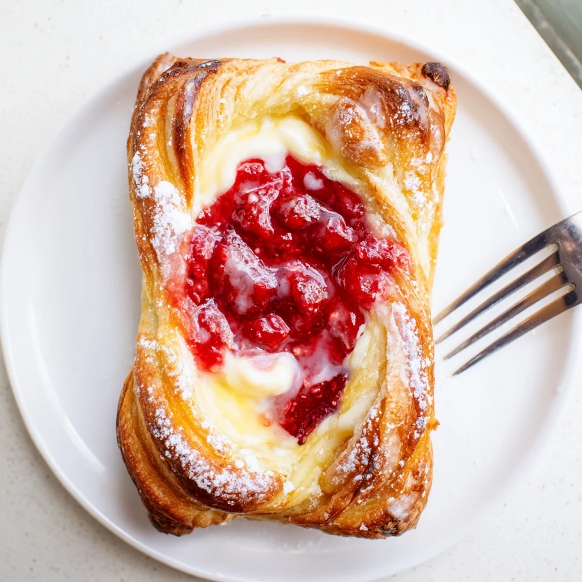 Flaky pastries filled with tangy cream cheese and bright red raspberries, fresh from the oven