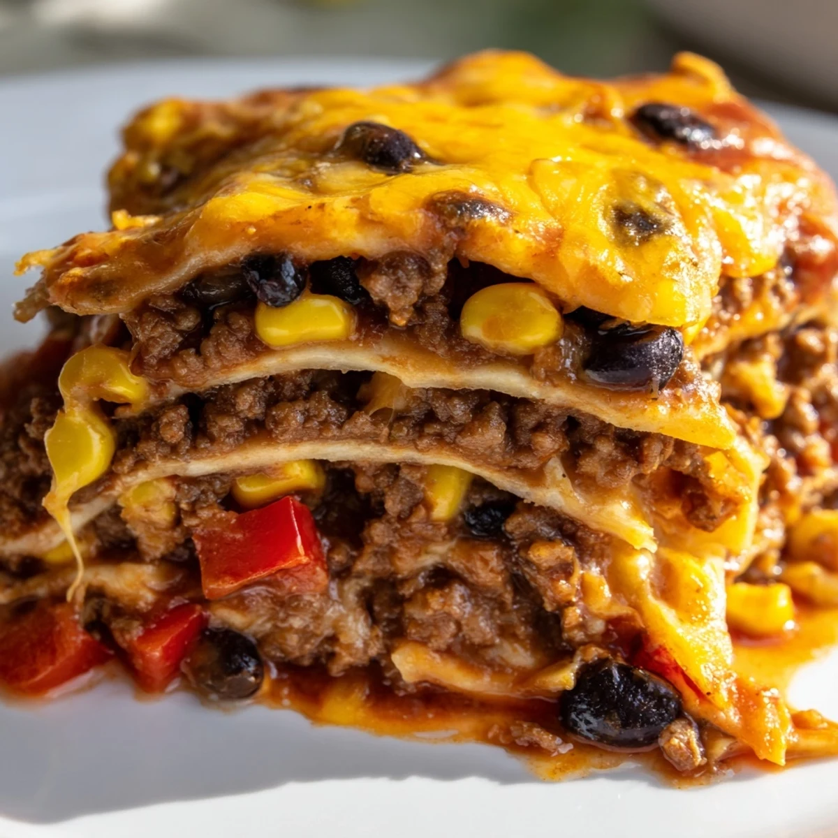 Golden bubbling Mexican lasagna with melted cheese and fresh cilantro garnish on top