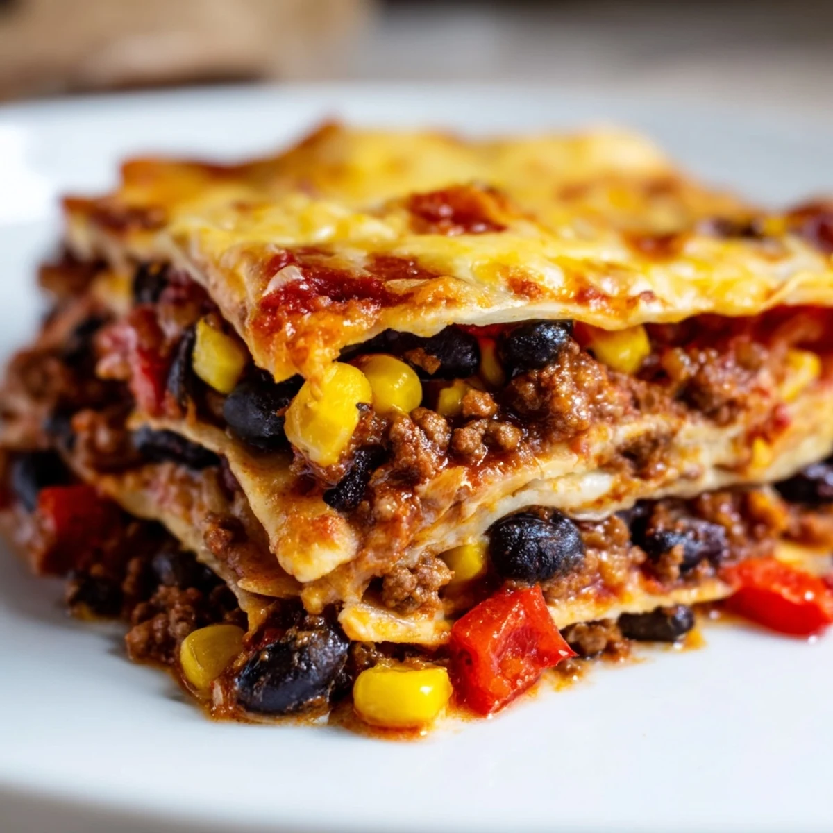 Layered Mexican lasagna with seasoned beef, black beans, and gooey melted cheese