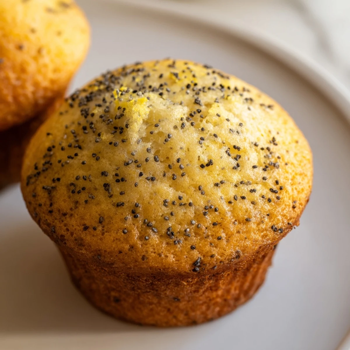 Moist lemon poppy seed muffins speckled with seeds beside a bowl of fresh lemons