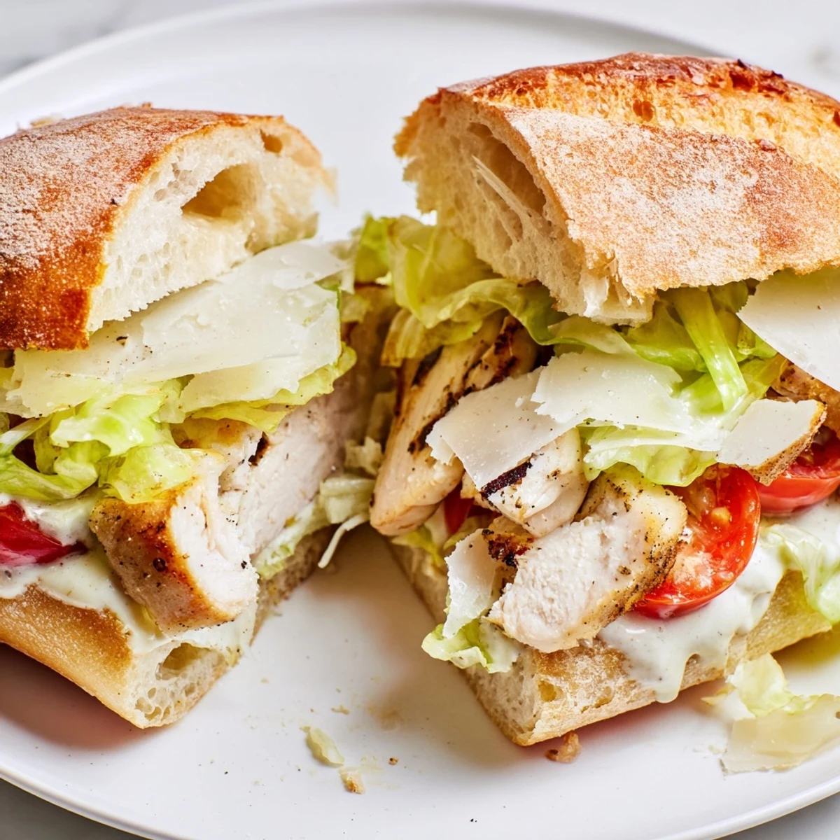 Golden toasted ciabatta holds juicy grilled chicken and crisp romaine in this Chicken Caesar Sandwich