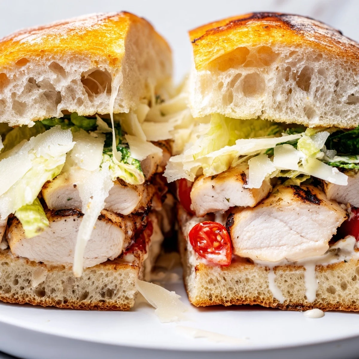 Creamy Caesar dressing coats tender sliced chicken and fresh romaine on crusty grilled bread