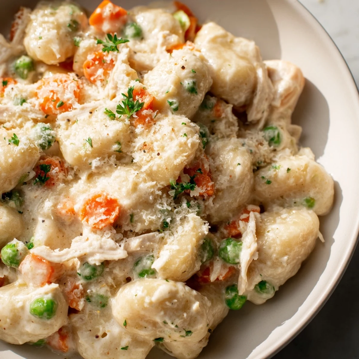 Creamy one pot gnocchi chicken pot pie with tender vegetables in golden savory sauce