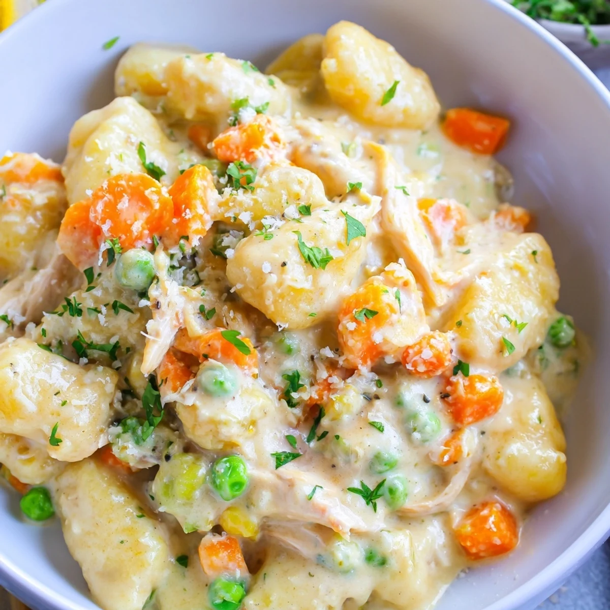 One pot gnocchi chicken pot pie topped with fresh parsley and melted Parmesan