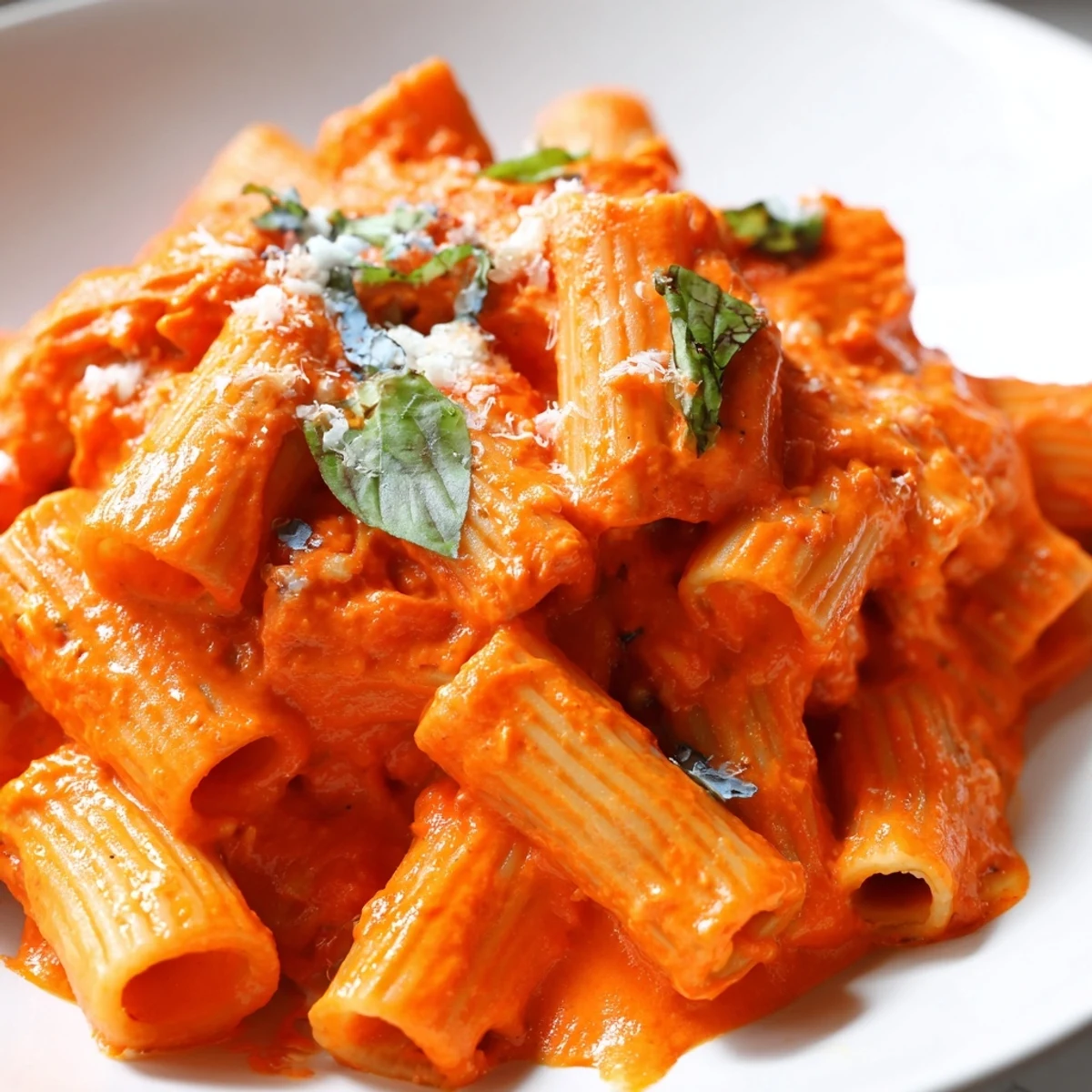 Creamy roasted red pepper pantry pasta twirled on a fork with fresh basil leaves