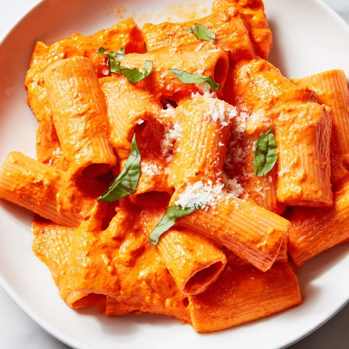 Golden silky roasted red pepper pantry pasta served in a white bowl with parsley