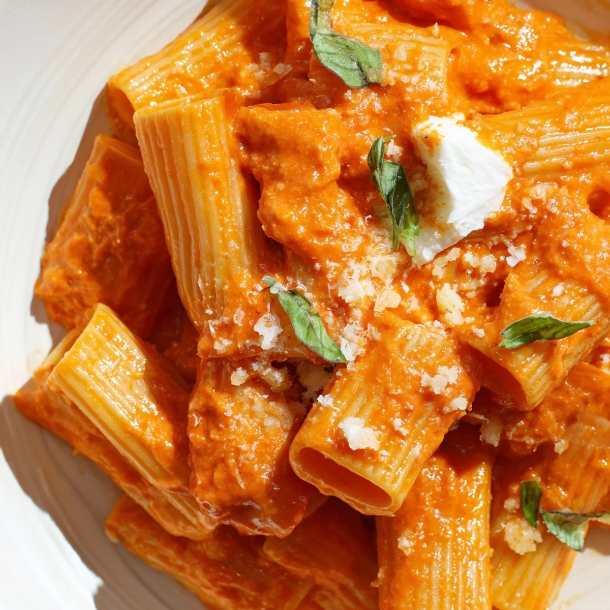 A steaming bowl of roasted red pepper pantry pasta topped with grated Parmesan cheese