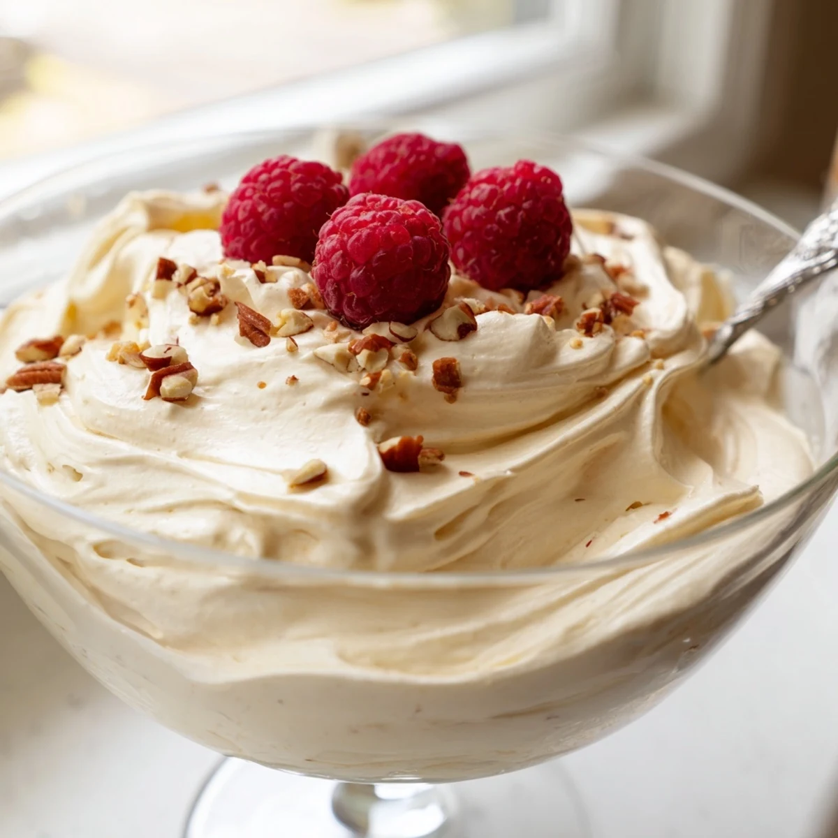 Creamy keto cheesecake fluff topped with fresh berries in a glass dessert bowl