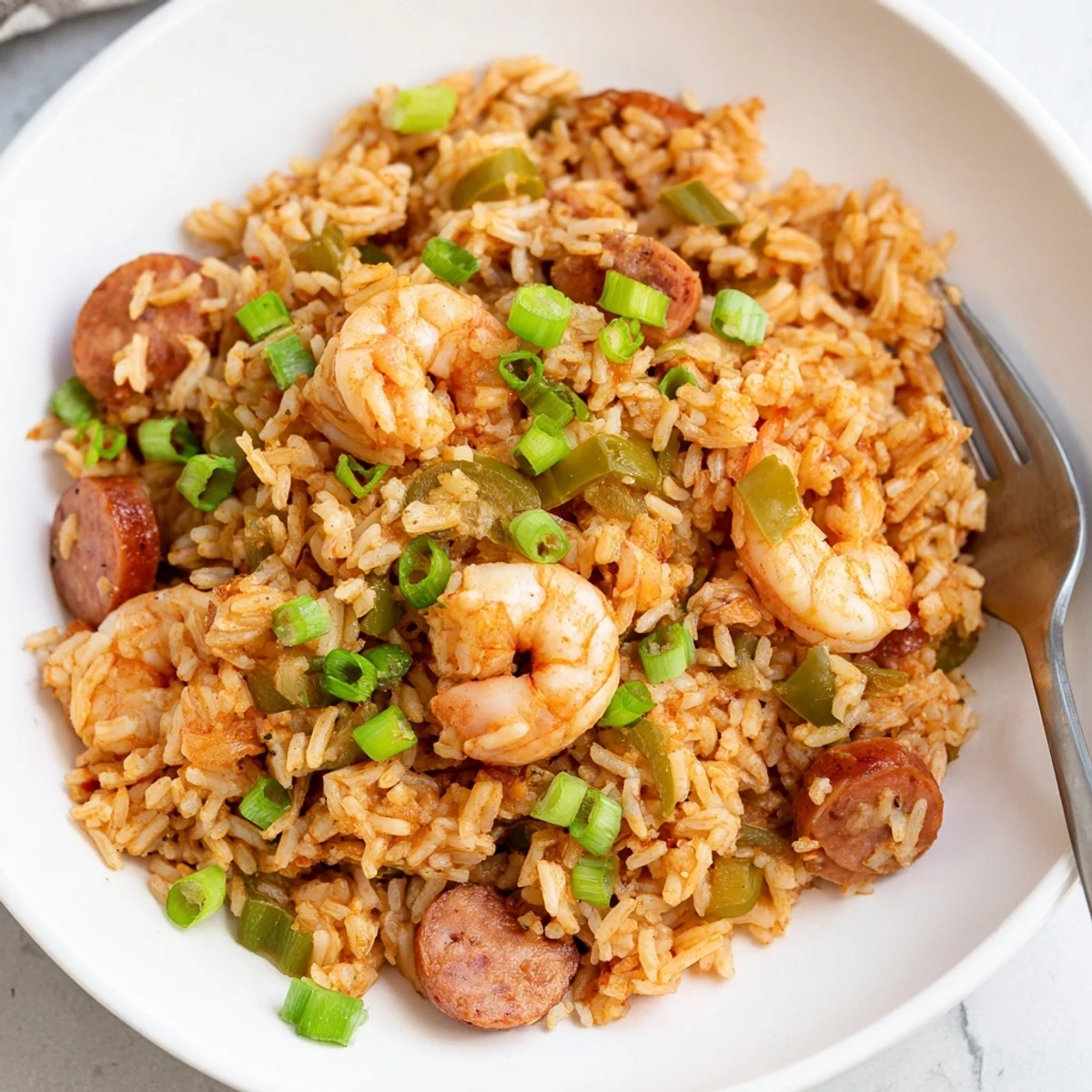 Hearty shrimp and sausage dirty rice topped with fresh scallions in a cast iron skillet