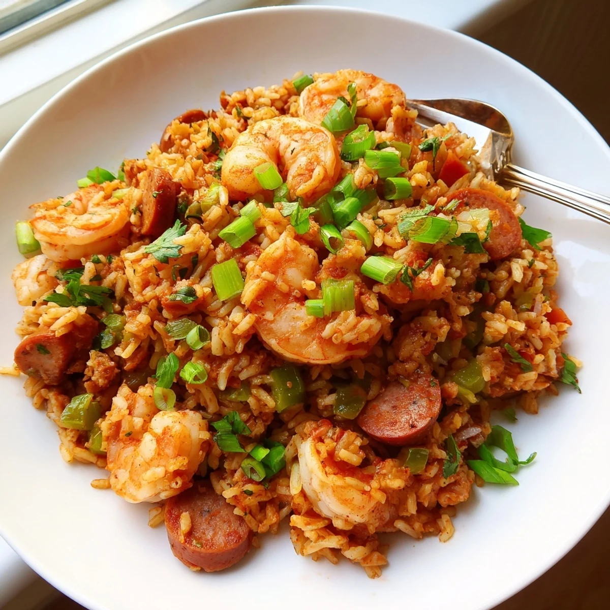 Golden shrimp and sausage dirty rice studded with colorful bell peppers and Creole spices