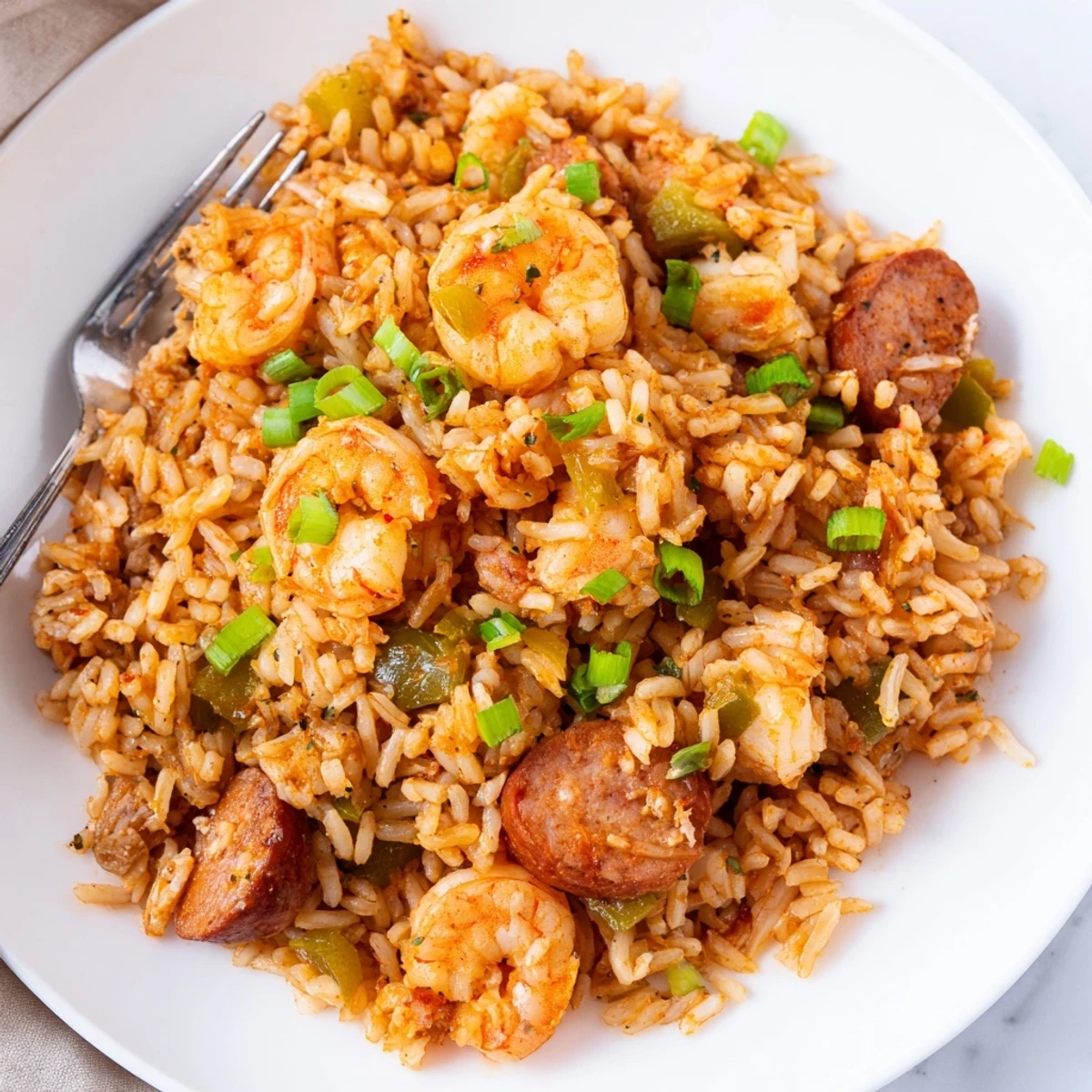 Steaming bowl of shrimp and sausage dirty rice garnished with parsley on a rustic table