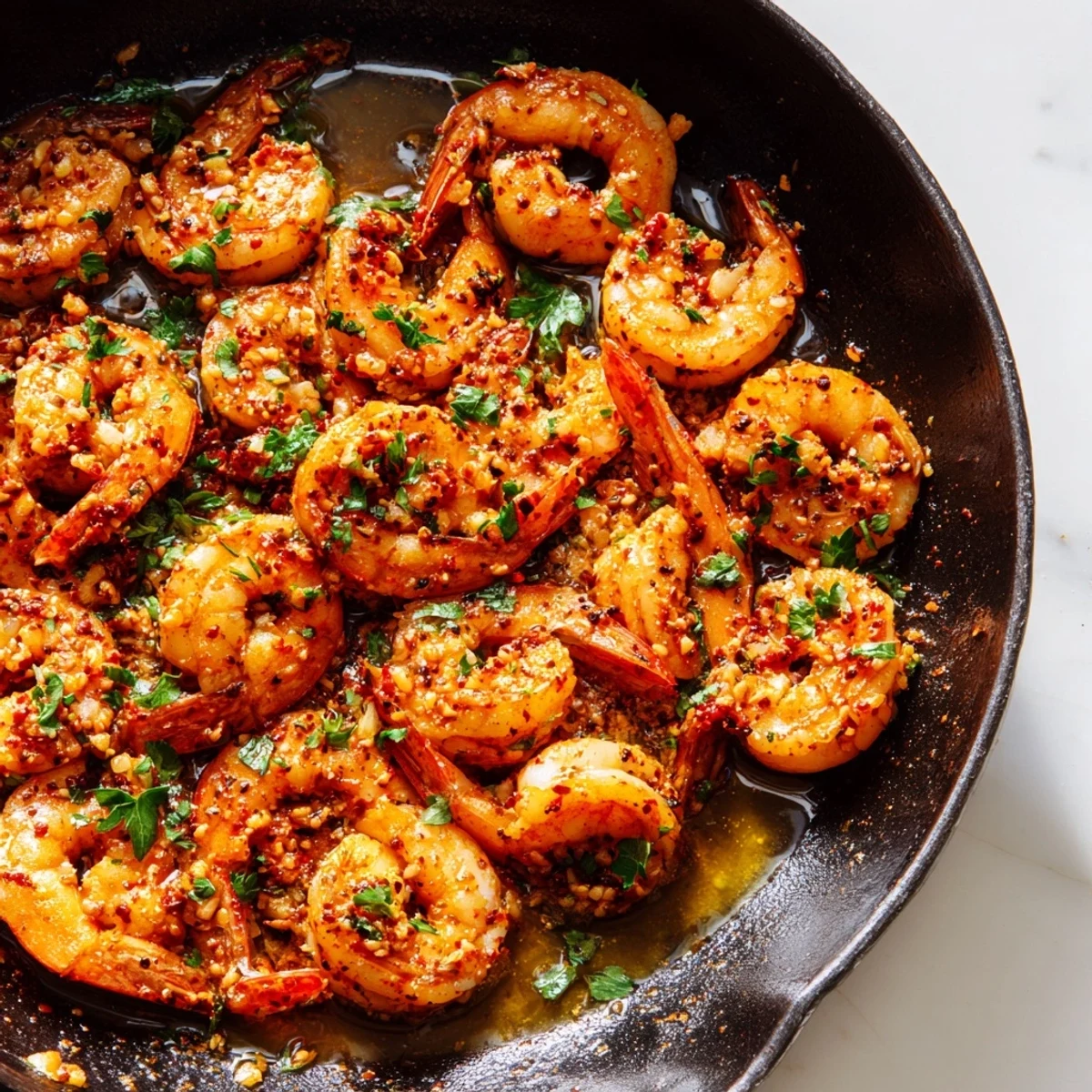 Sizzling garlic paprika shrimp skillet with golden edges and fresh parsley garnish