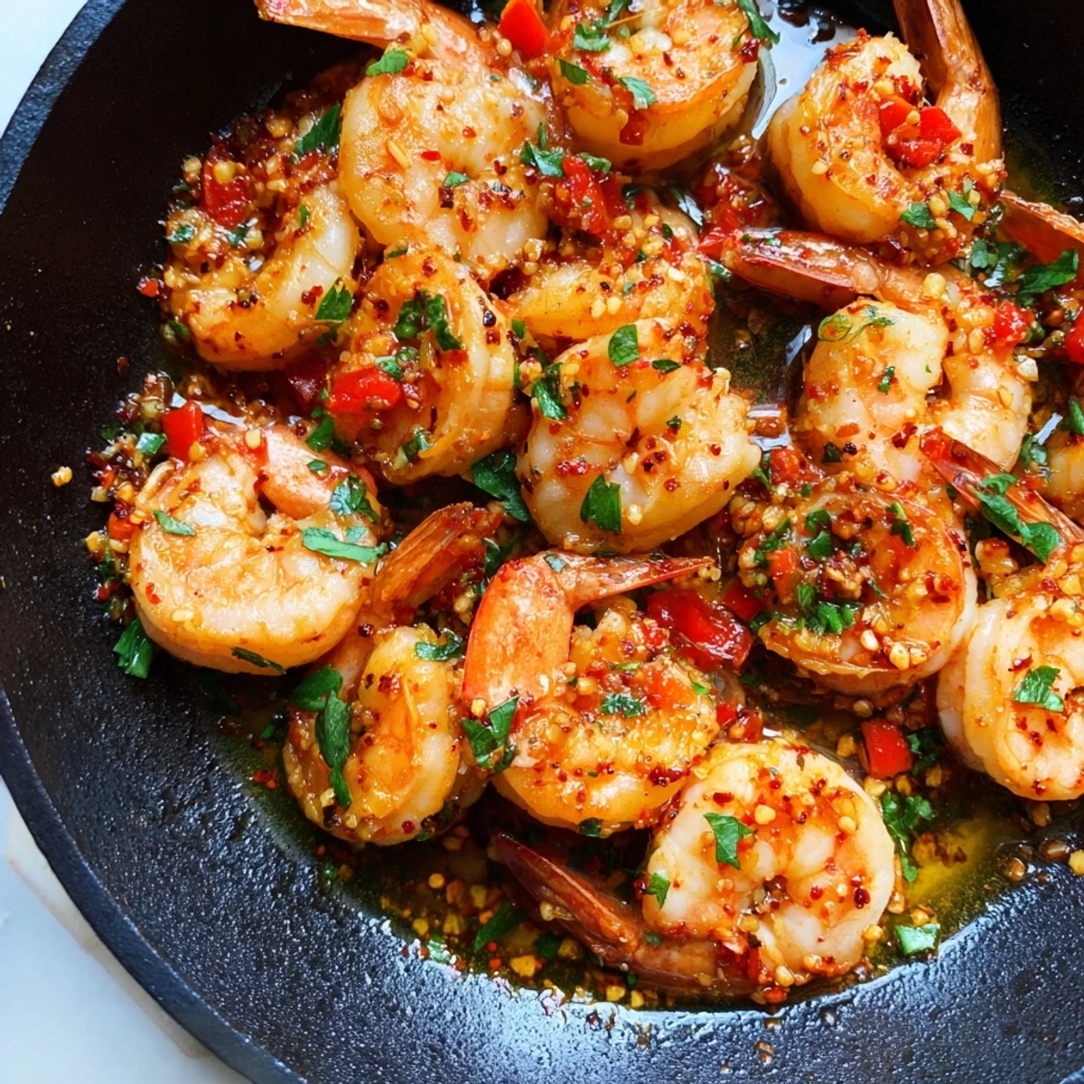 Smoky garlic paprika shrimp skillet served in cast iron with lemon wedges