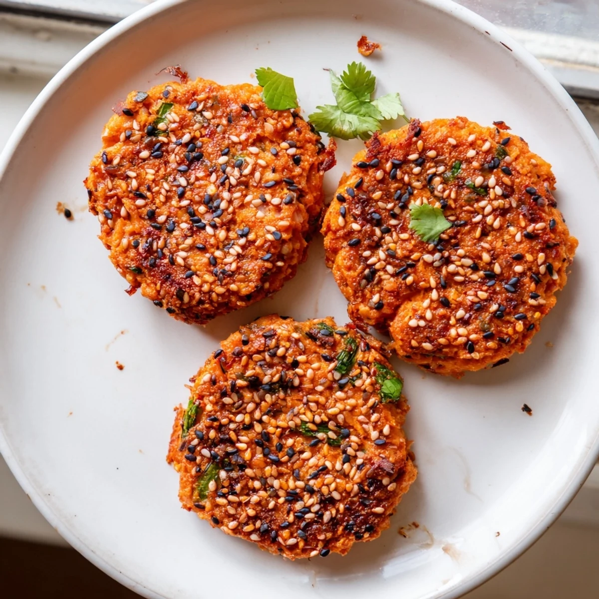 Spicy harissa sesame salmon patties pan-fried to a perfect golden brown crust