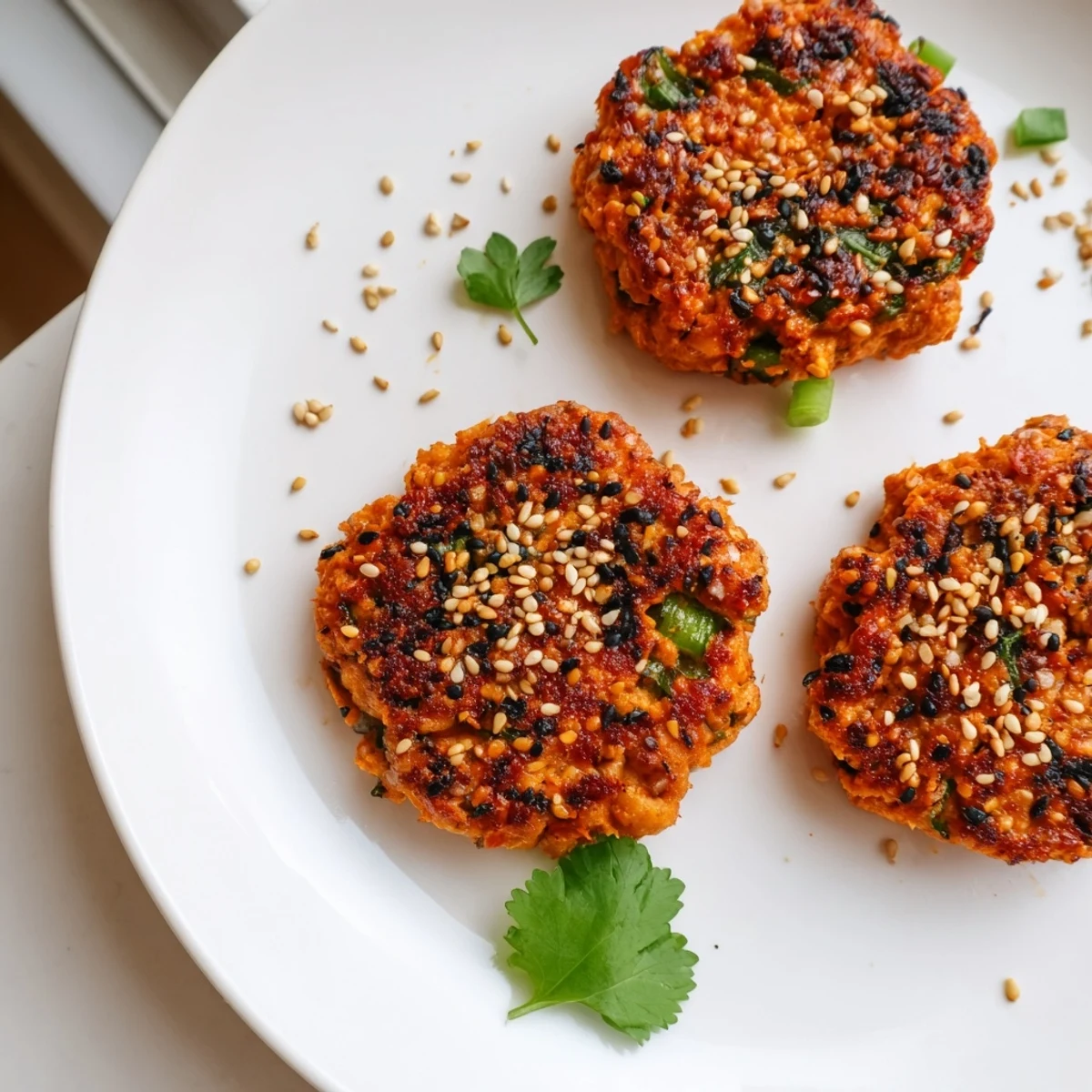 Crispy golden harissa sesame salmon patties served hot with fresh lemon wedges