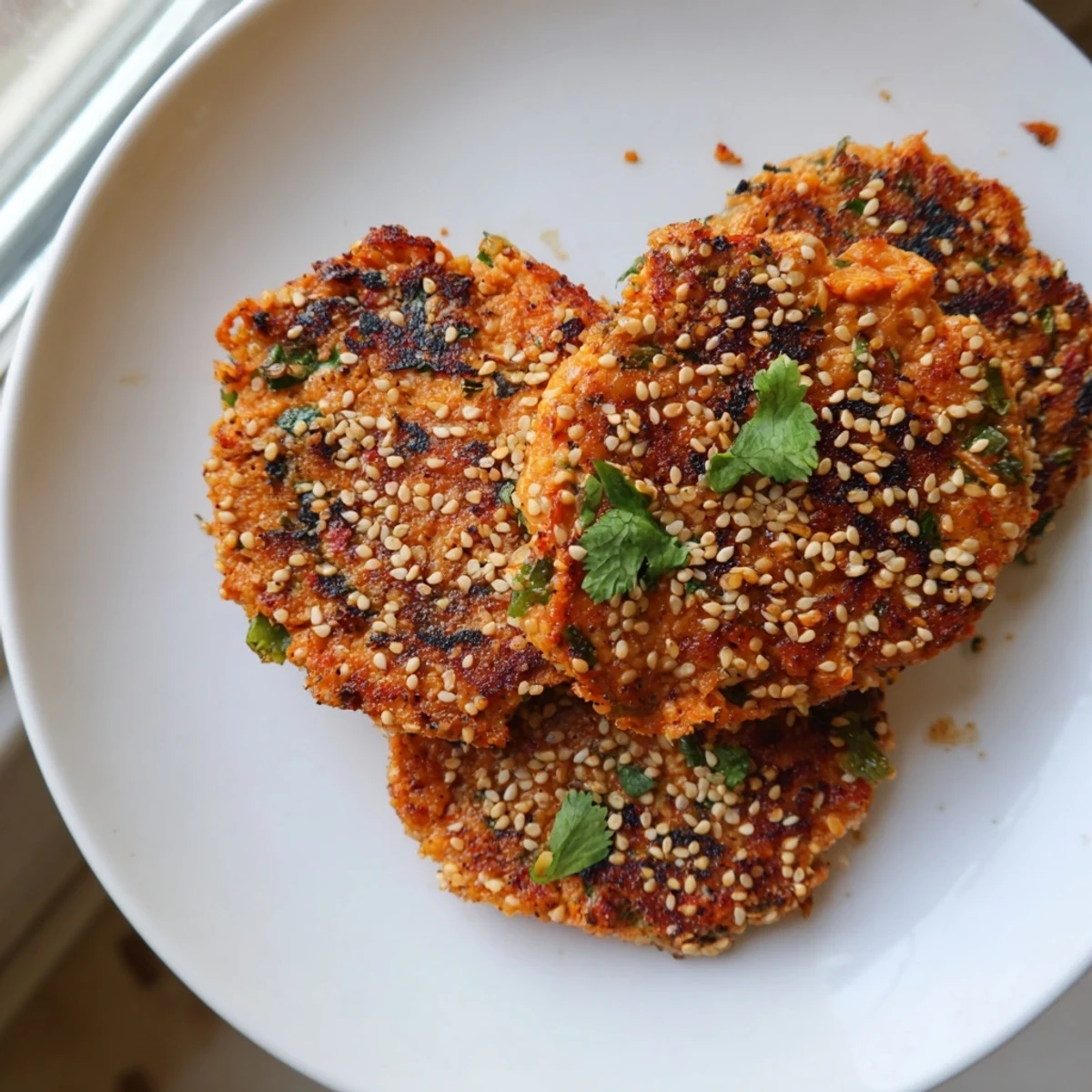 Sesame-crusted harissa sesame salmon patties on a platter with yogurt dipping sauce