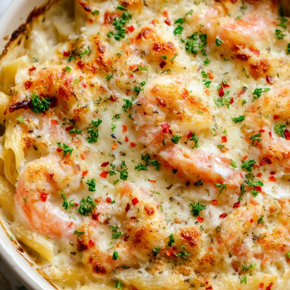 Golden baked shrimp scampi pasta with bubbling mozzarella and a crispy parmesan crust