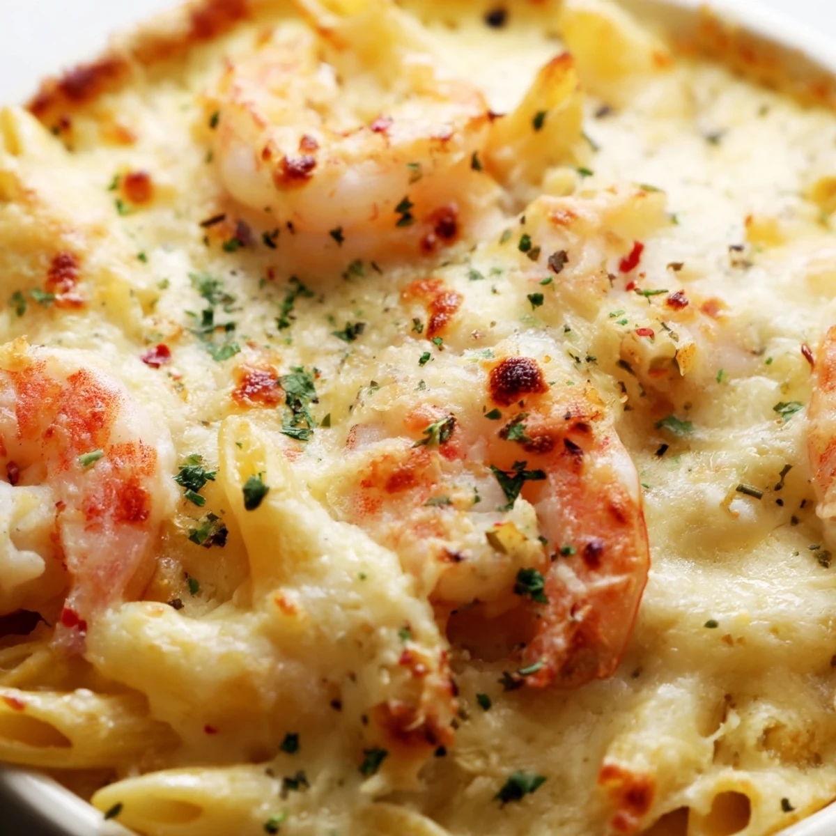 Creamy lemon garlic shrimp scampi pasta bake served fresh from the oven