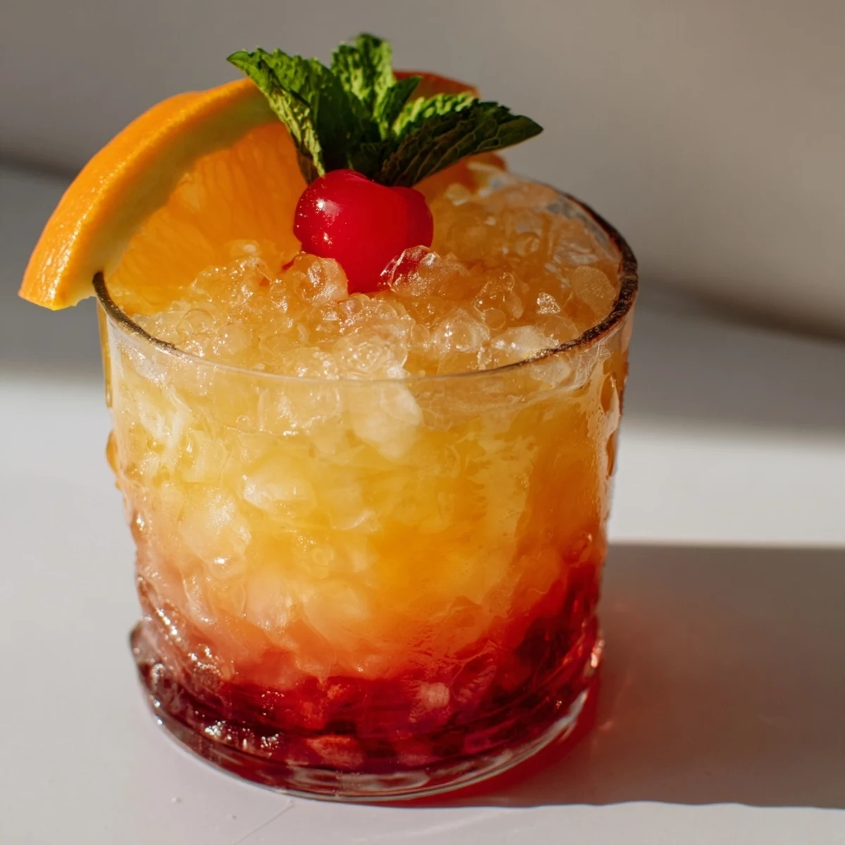 Non Alcoholic Mai Tai served over crushed ice with a cherry garnish