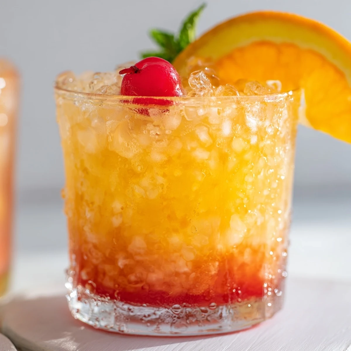 Two glasses of Non Alcoholic Mai Tai garnished with orange slices on a tropical table