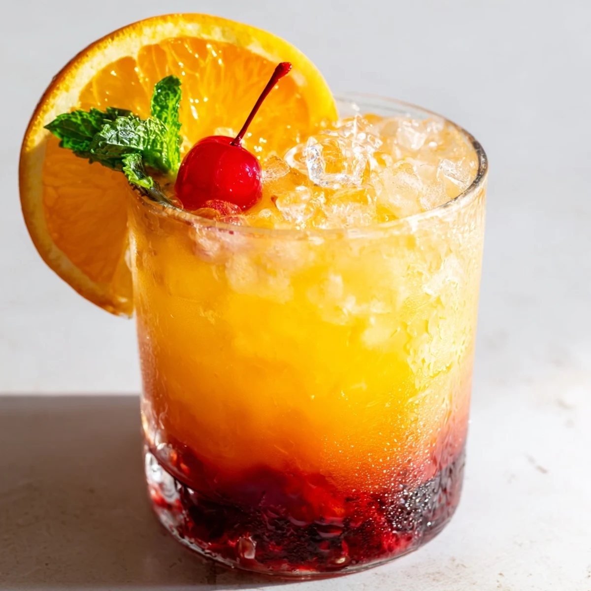 A bright orange Non Alcoholic Mai Tai topped with fresh mint and grenadine layers