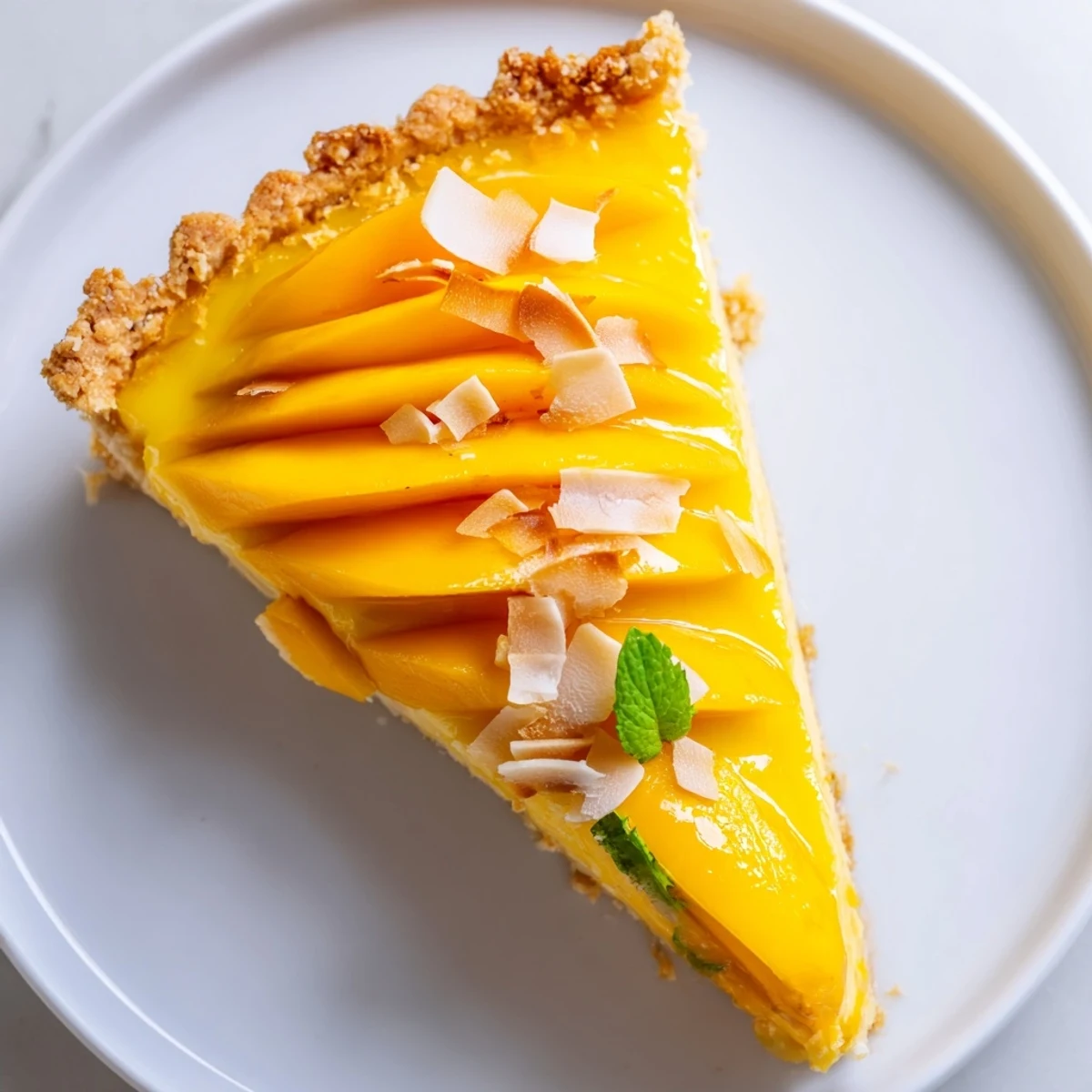 Golden mango curd tart with fresh mango slices and toasted coconut flakes on a buttery crust