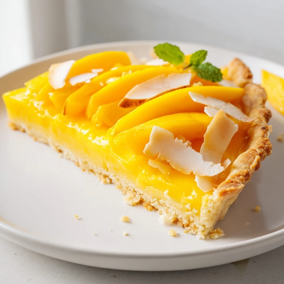 Vibrant mango curd tart sliced into wedges revealing a smooth tropical filling and flaky edges