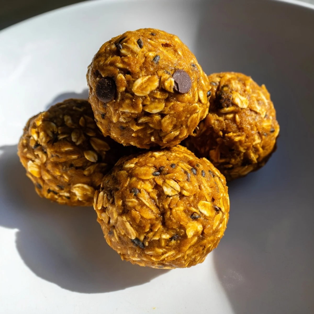 Chewy no bake pumpkin protein balls coated in chocolate chips on parchment paper